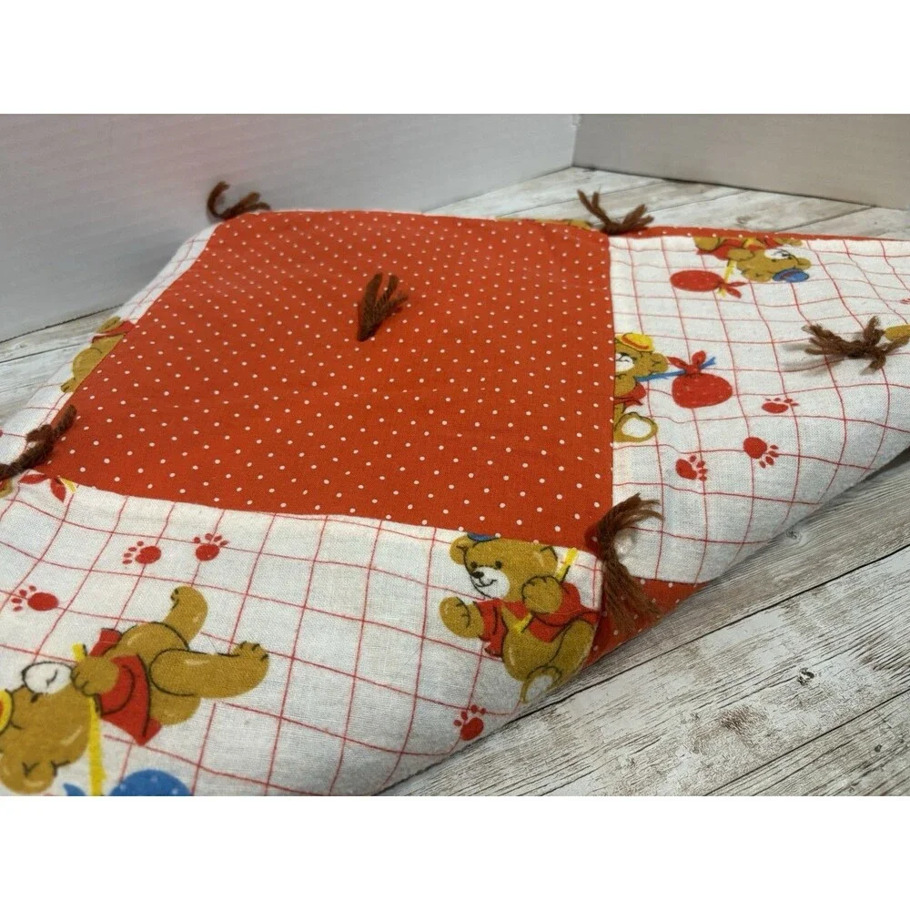 Vintage Handmade Teddy Bear Patchwork Baby Quilt, Gingham Cotton